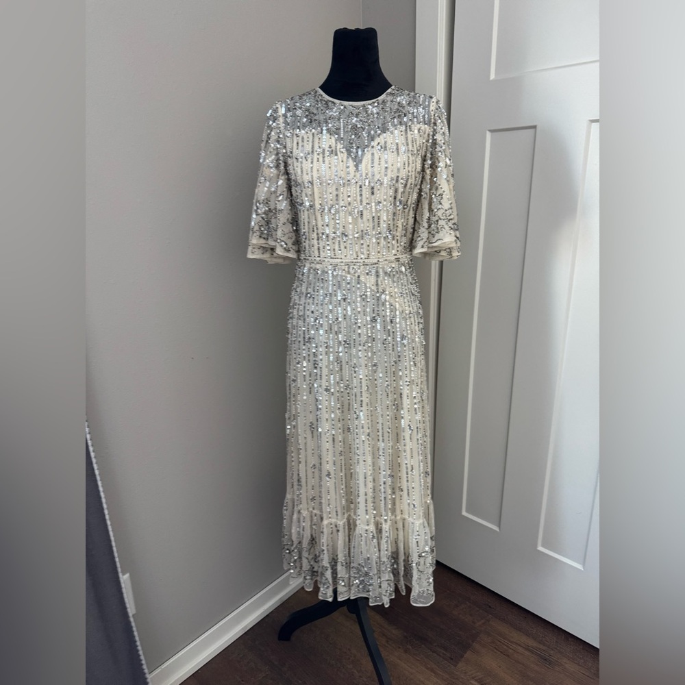 New Mac Duggal Silver Flounce Sleeve Midi Dress 5579 Size 4 - Picture 4 of 11